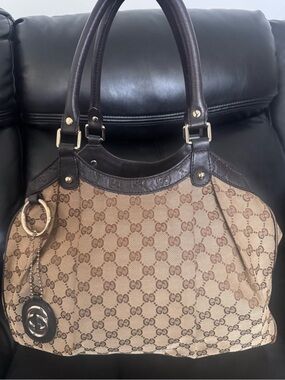 Preloved Gucci Beige & Brown GG Canvas Tote with Dark Brown Leather Trim